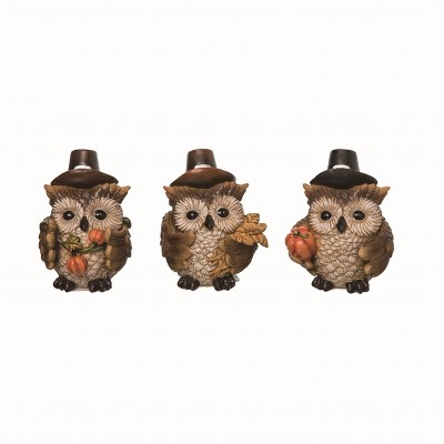 Transpac Resin Brown Harvest Owl Pilgrim Figurines Set of 3