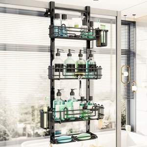 Aoibox 4-Tier Over the Door Shower Caddy with 22 Hooks & 2 Toothbrush Holders, No Drilling Adjustable Hanging Bathroom Organizer - Black - 1 of 4