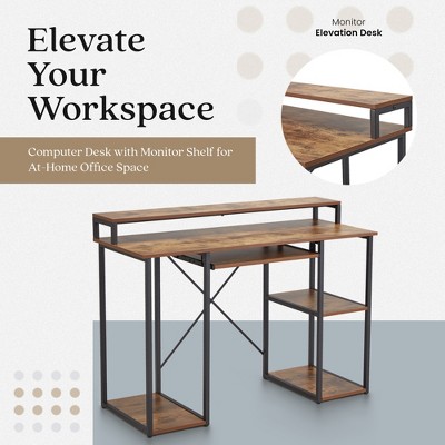 JOMEED 46.5 Inch Brown Wood Computer Desk with Keyboard Tray and Shelves