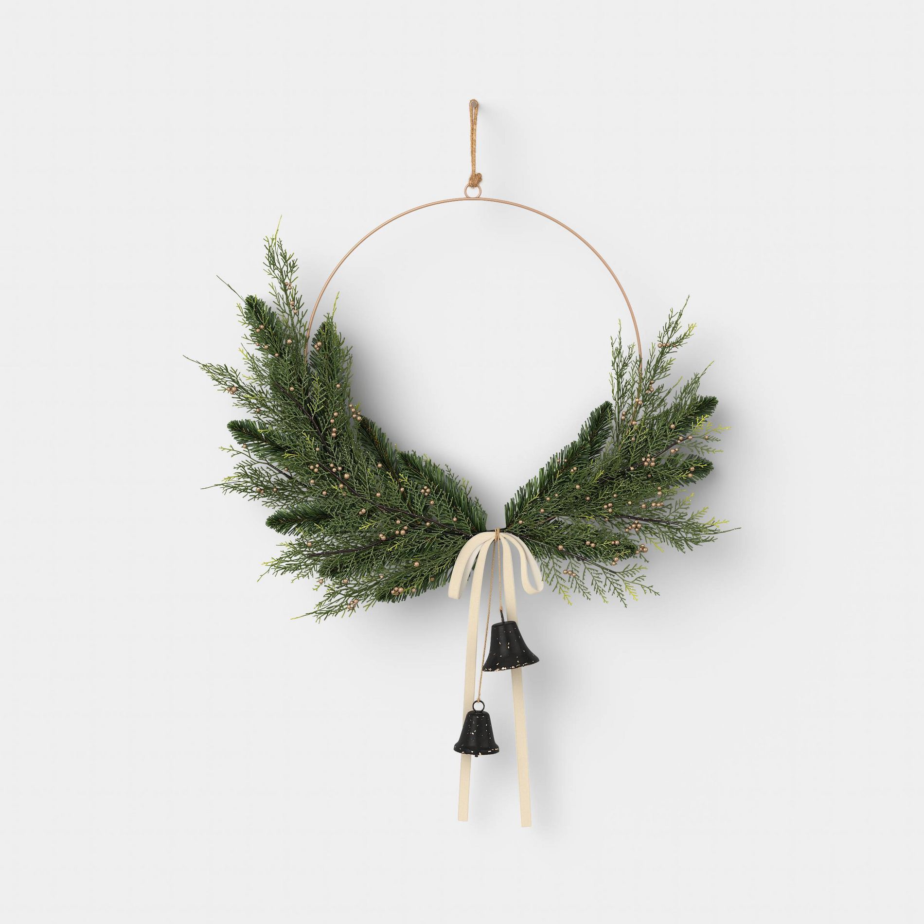 24" Unlit Cedar PVC Gold Berry Asymmetrical Gold Hoop Christmas Wreath with Bronze Bells - Wondershop™