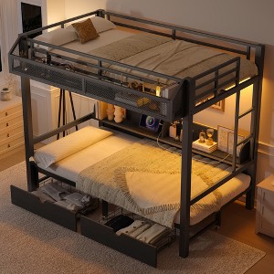 Bunk Bed with Storage Shelves and Drawers,Multifunctional Metal Bunk Beds with USB Ports and LED Lights, Lower Bed that can be converted into a sofa - 1 of 4