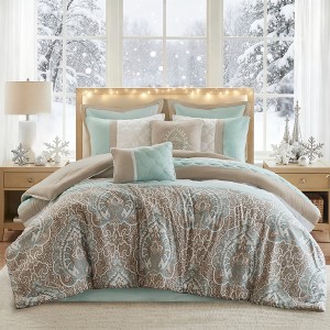 Luxe Quilted Comforter Set, All Season Down Alternative Warm Bedding Matching Shams, Bedskirt, Decorative Pillow, Shawnee Scrollwork - 1 of 4
