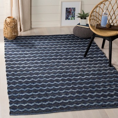 Navy Blue and Black Handmade Wool Cotton 8' x 10' Rug