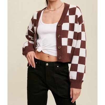 Women's Bold Gingham Sweater Weaved Crop Cardigan - Listicle