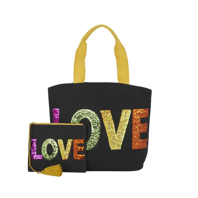 Mina Victory Sequin "Love" 22" x 15" x 6" Beach Bag with Matching Clutch Black, 1 of 9