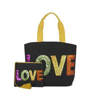 Mina Victory Sequin "Love" 22" x 15" x 6" Beach Bag with Matching Clutch Black