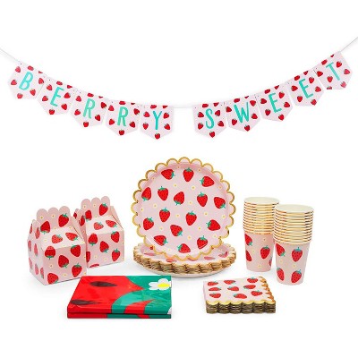 Sparkle and Bash Serves 24, 87 Pieces, Berry Sweet Strawberry Party Dinnerware, Decorations, Treat Boxes