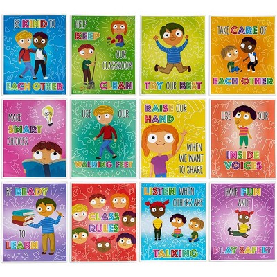 Bright Creations 12 Pack Class Rules Posters for Preschool, Classroom Teacher Supplies, 8.5 x 11 in