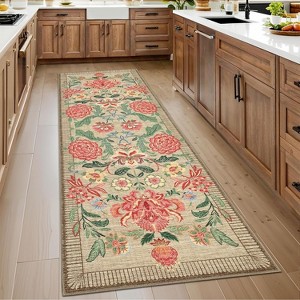 Rug Non-Slip Washable Low Pile Vintage Carpet Stain-Resistant Botanical Floor Mat for Entryway, Laundry Room Bathroom - 1 of 4
