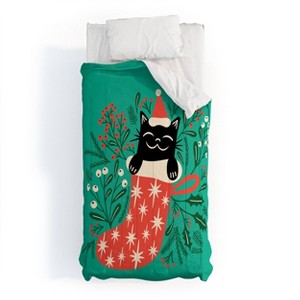 Deny Designs Twin/ Twin Extra Long Carriecantwell Festive Feline Comforter and Pillow Sham Green - 1 of 4