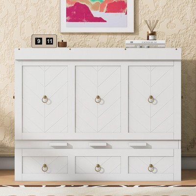 TIRAMISUBEST Vintage Style Full Size Murphy Bed with USB Ports and Large Drawers, Wood Folding Cabinet Bed Frame