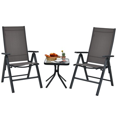 Tangkula 3PCS Patio Bistro Set Outdoor Dining Furniture Set w/2 Folding Chairs & Tempered Glass Table