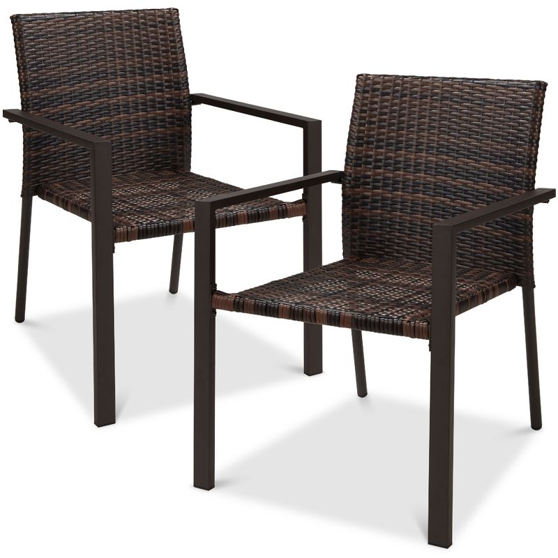 Best Choice Products Set of 2 Wicker Chairs, Stackable Outdoor Dining Furniture w/ Armrests, 1 of 8