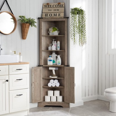 OKD 68" Tall Corner Cabinet with 2 Barn Door & Adjustable Shelves for Bathroom
