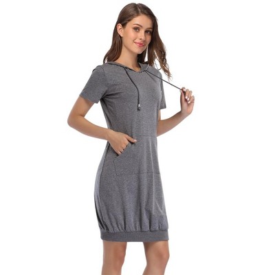 Womens Sheath Dress Hooded Sweatshirts Dress with Front Pocket Short Sleeve Bodycon Mini Dress