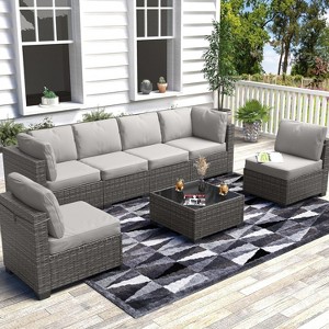 GustoWave 7-Piece All-Weather Outdoor Wicker Living Room Set, Including A Glass-Top Coffee Table, A Pe Rattan And Wicker Sofa With Cushions - 1 of 4