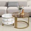 Lirago 27.5x19.6 Stackable Coffee Table 2 Drawers Brown Tempered Glass High Gloss Marble Modern Round Nesting Tables Living Room White - 2 of 4
