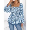 Women Tops Square Neck Flutter Sleeve Floral Print Chiffon Top Blue M - 2 of 4