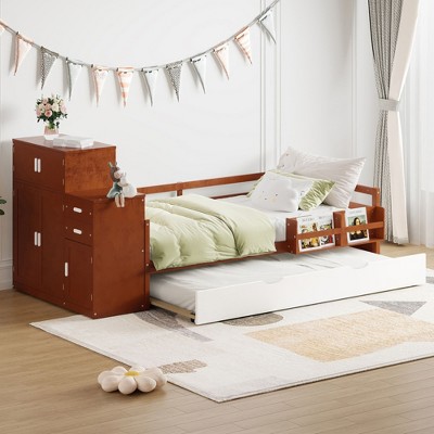 NicBex Twin Size Multifunctional Wood Platform Bed, Trundle Bed with Sample Bookshelf and Movable Wardrobe, Space-Saving Design for Bedroom