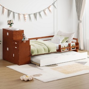 NicBex Twin Size Multifunctional Wood Platform Bed, Trundle Bed with Sample Bookshelf and Movable Wardrobe, Space-Saving Design for Bedroom - 1 of 4