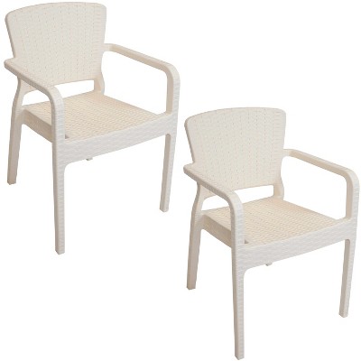 Sunnydaze Faux Wicker Rattan Design Plastic All-Weather Commercial-Grade Segonia Indoor/Outdoor Patio Dining Arm Chair, Cream, 2pk