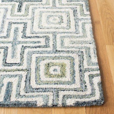 Ivory and Blue Geometric Hand-Tufted Wool Area Rug, 6' x 6'