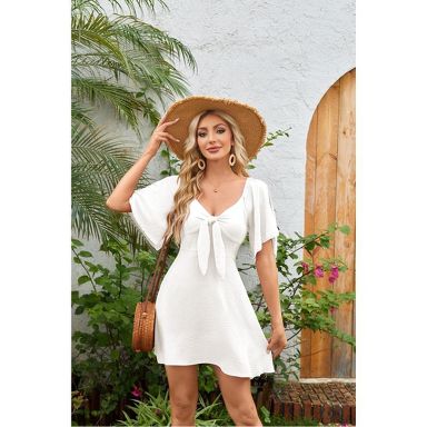 green emerald velvet dress Sammie White Strapless Mini Dress | Sky to Moon | Size S | Flowy, Babydoll, Front Tie, Ruffle