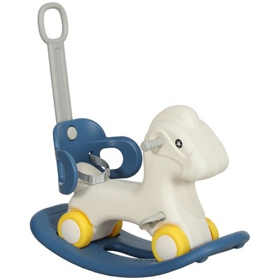 Qaba 4 in 1 Rocking Horse for Toddles 2-5 Years, Baby Ride on Horse with Detachable Push Handle & Balance Board, Blue