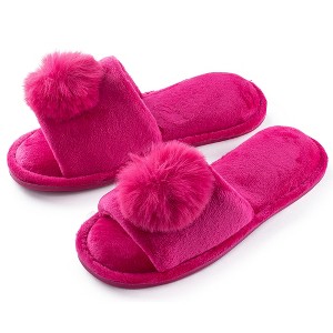 Roxoni Girl's Lovely Velvet Pom-pom Open Toe Kids House Slides Slipper - 1 of 4