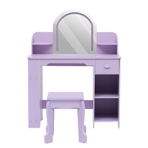Kids Vanity with Lighted Mirror & Stool, Little Girls Vanity with Adjustable LED Light, Bookshelf, Storage Drawer & Shelves for Girls 3-9 - 1 of 4