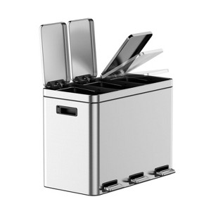 Trash Can, Compartment Garbage Bins, Stainless Steel Recycling Bin for Kitchen, Office, Restaurant, Silver - 1 of 4