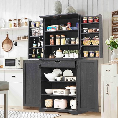 SinCiDo Farmhouse Kitchen Pantry with Barn Doors and Adjustable Shelves, Storage Cabinet, Rustic Wood Cupboard for Kitchen