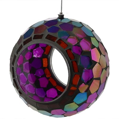 Sunnydaze Outdoor Garden Patio Round Glass with Mosaic Design Hanging Fly-Through Bird Feeder - 7" - Purple