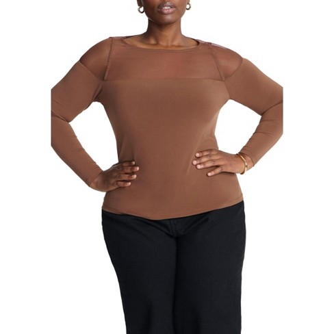 ELOQUII Elements Women's Plus Size Mesh Panel Long Sleeve Top - image 1 of 2