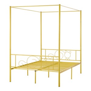 VEVOR Full Size Canopy Bed Frame, Metal Canopy Bed with Minimalist Headboard & Four Posters Design, Heavy Duty Steel Slats Support, Gold - 1 of 4