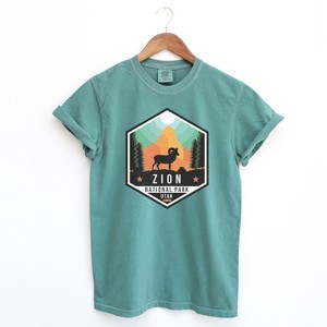 Simply Sage Market Women's Zion National Park Badge Short Sleeve Garment Dyed Tee - 1 of 2