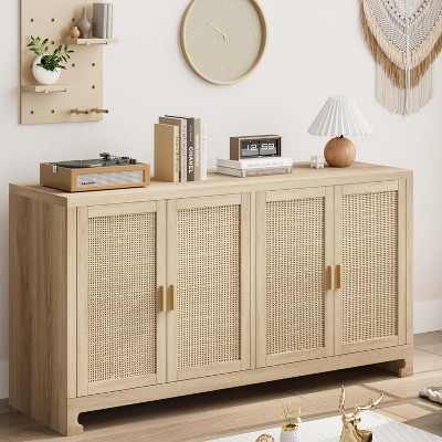 4-Door Sideboard Buffet Cabinet, Natural Rattan Storage Cabinet, Boho Entryway Console Table, Coffee Bar Station