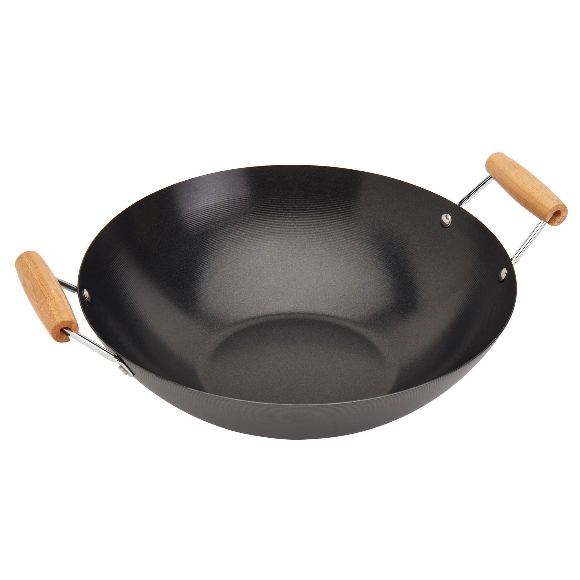 Infuse 14" Open Wok with Bamboo Side Handle: Carbon Steel Nonstick, Gas & Induction Compatible, Hand Wash, 1-Year Warranty