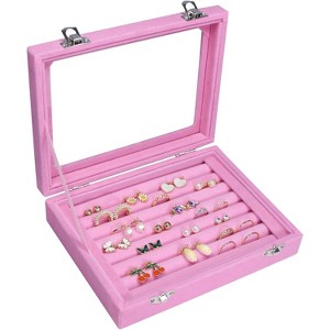 7-Slot Velvet Ring Tray with Transparent Lid, Jewelry Display Case for Women & Girls, Pink - 1 of 4