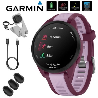 Garmin Forerunner 165 Music Smart Sport Watch, Berry + Lilac w/ Accessories Bundle