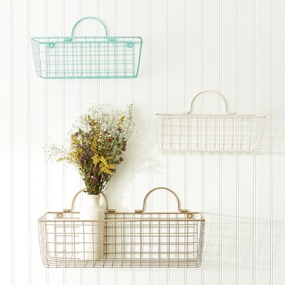 Vintage Gold Wire Wall Basket Set, Small Rectangular, 11.8"