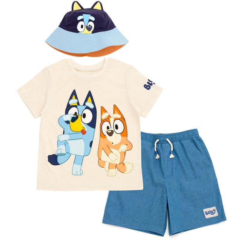 Bluey T-Shirt Chambray Shorts and Twill Bucket Sun Hat 3 Piece Outfit Set Toddler, 1 of 7
