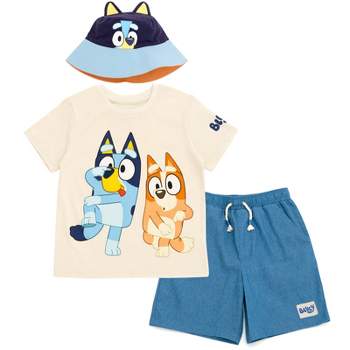 Bluey T-Shirt Chambray Shorts and Twill Bucket Sun Hat 3 Piece Outfit Set Toddler