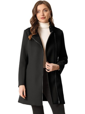 Allegra K Women's Classic Stand Collar Zip Up Trench Coats with Belt Black  X-Small
