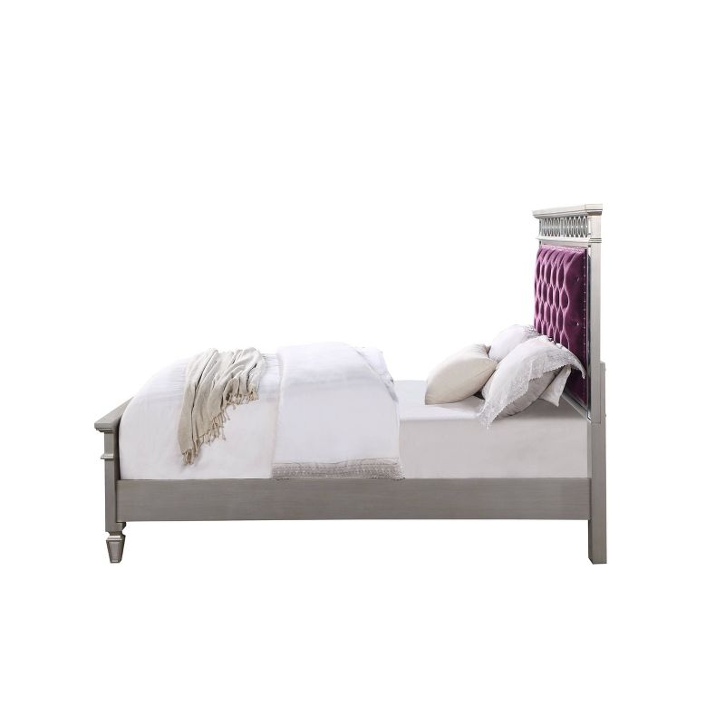 81&#34;Twin Bed Varian Bed Burgundy Velvet, Silver Mirrored Finish - Acme Furniture, 3 of 7