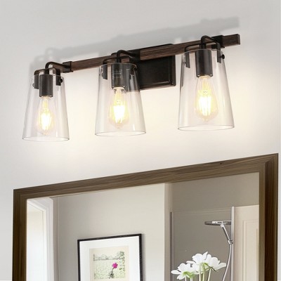 YANSUN 24 in. 3-Light Black and Faux Wood Vintage Farmhouse Vanity Light with Clear Glass Bell Shades for Bathroom
