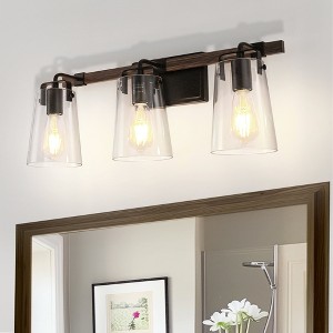 YANSUN 24 in. 3-Light Black and Faux Wood Vintage Farmhouse Vanity Light with Clear Glass Bell Shades for Bathroom - 1 of 1