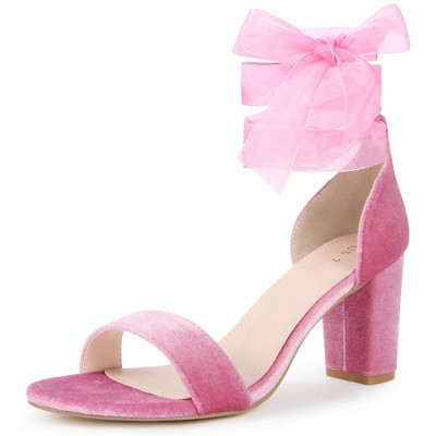 BLISSFUL STEP Women's Ankle Tie Chunky Heel Velvet Sandals
