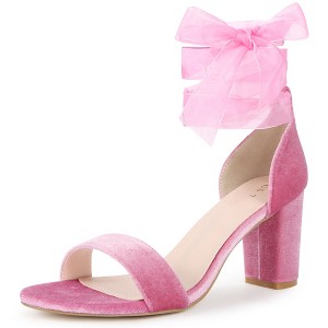 BLISSFUL STEP Women's Ankle Tie Chunky Heel Velvet Sandals - 1 of 4