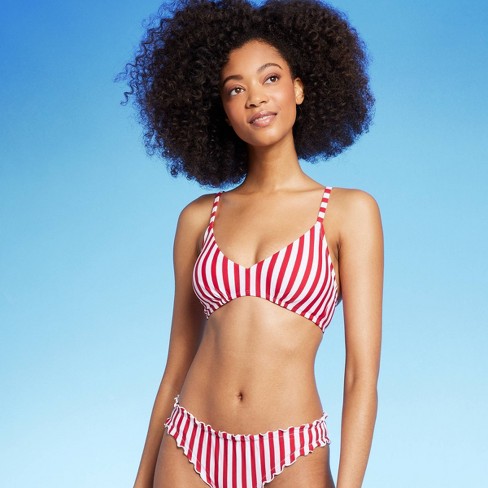 Women s Striped Hidden Underwire Bikini Top Shade Shore Red White 32C